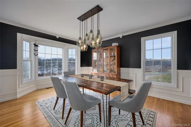a view of a dining room with furniture window and wooden floor