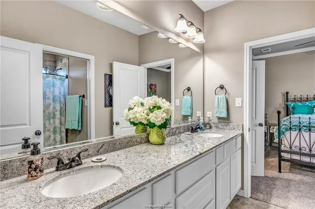 a bathroom with a granite countertop double vanity and a mirror