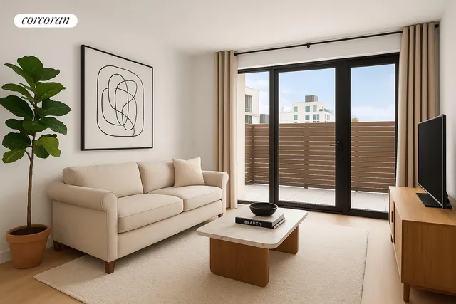 a living room with furniture a flat screen tv and a large window