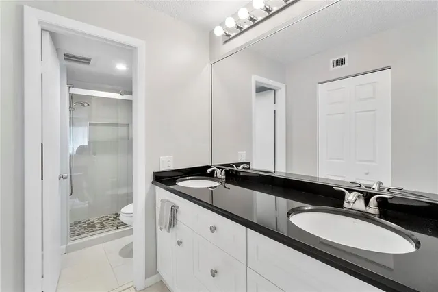 a bathroom with a granite countertop sink and a mirror