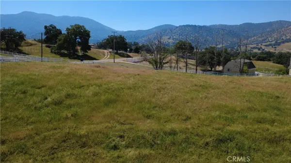 a view of a dry field with mountains in the background
