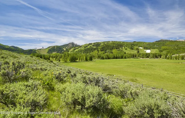 a view of a green field with mountains in the background