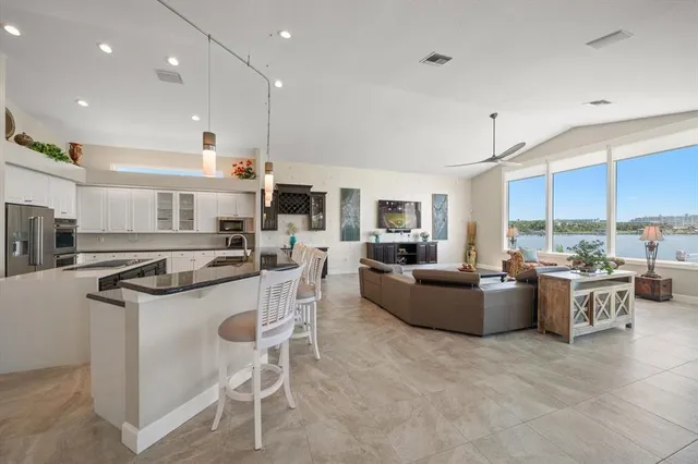 a living room with furniture a rug and a potted plant