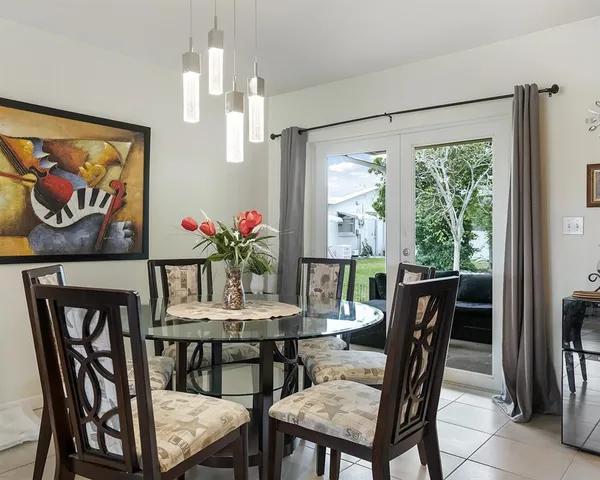 a view of a dining room with furniture window and outside view