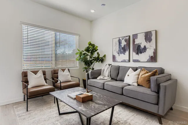 a living room with furniture and a potted plant