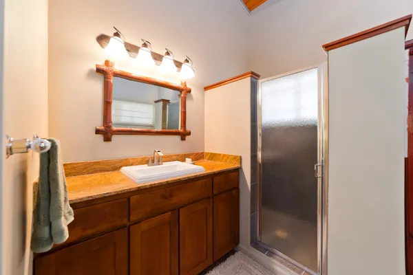 a bathroom with a sink a toilet and shower