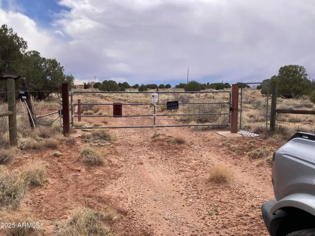 a view of a dry yard with wooden fence