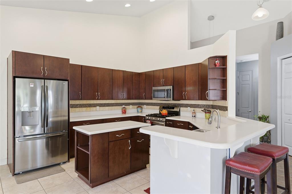1733 West Caroline Path Lecanto, FL 34461 - Photo 25 of 29 a kitchen that has a refrigerator a stove a sink and a dining table with wooden cabinets