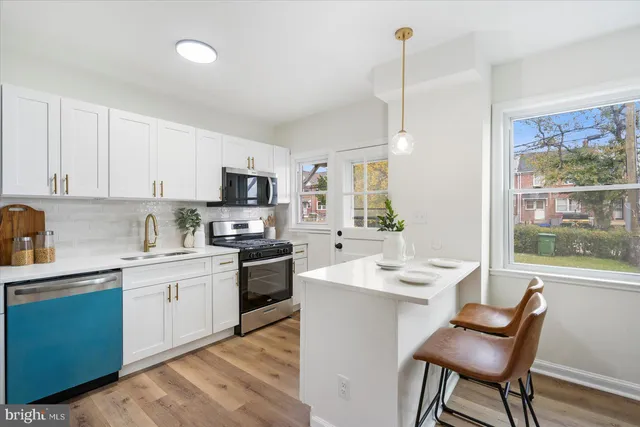 a kitchen with a sink stove and microwave