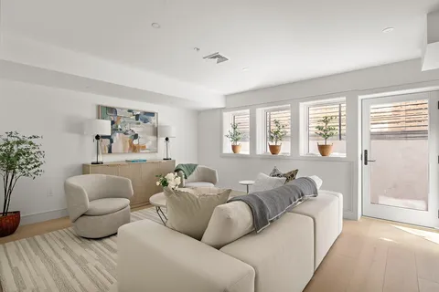 a living room with furniture and a potted plant
