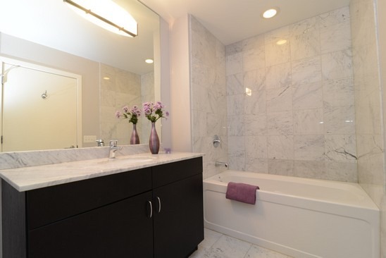 125 South Green Street, Unit 809A Chicago, IL 60607 - Photo 9 of 10 a bathroom with a tub a sink and mirror