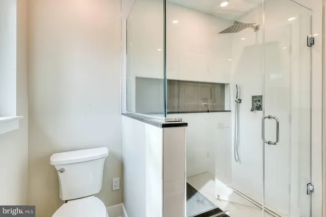a bathroom with a shower and toilet