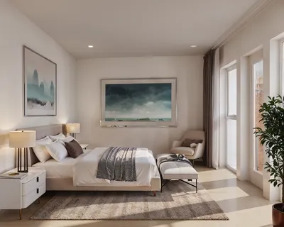 a living room with furniture and a potted plant