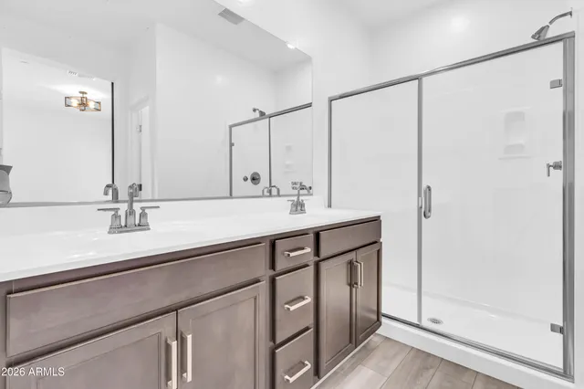 a bathroom with a double vanity sink a mirror and a shower