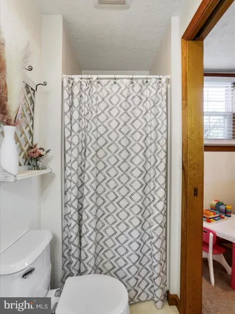 a bathroom with a toilet and a shower curtain