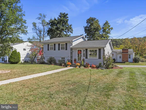 a view of a house with backyard and a tree