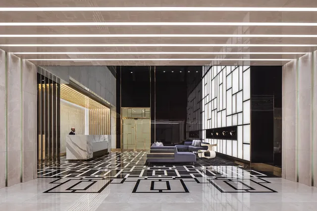 a city view with tall buildings