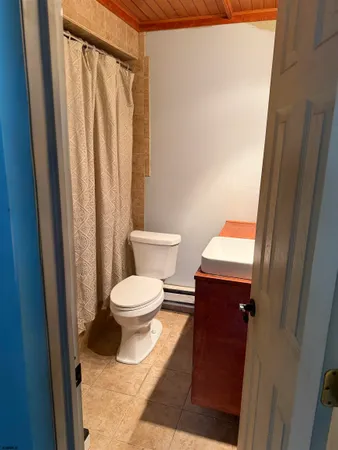 a white toilet sitting next to a shower curtain
