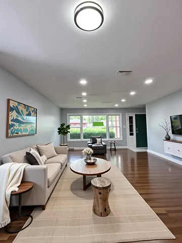 a living room with furniture a window and a table