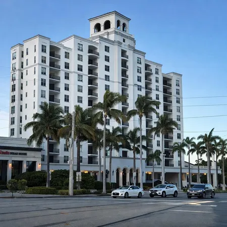 front view of a building with a street