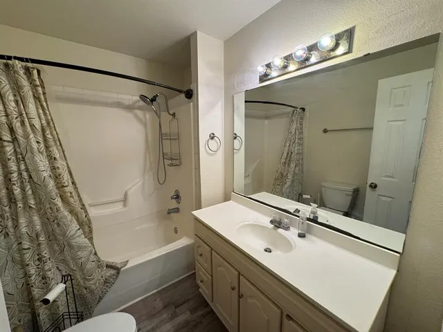 a bathroom with a bathtub shower sink vanity and toilet
