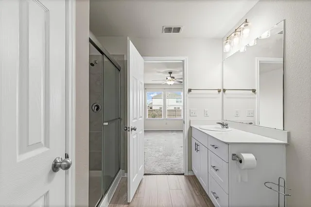 a bathroom with a granite countertop sink a mirror a vanity and a shower