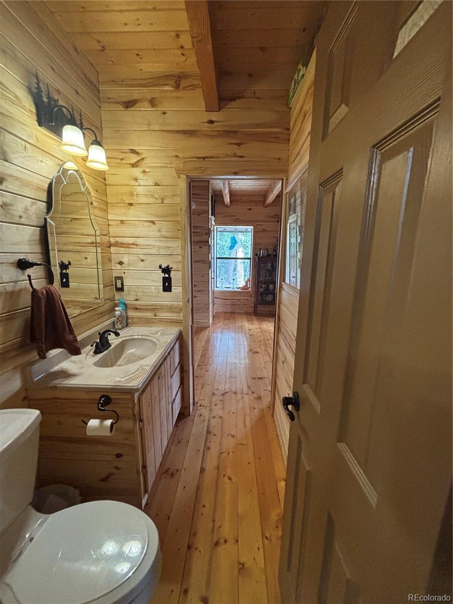 1113 Spring Street Del Norte, CO 81132 - Photo 28 of 45 a bathroom with a sink a toilet a mirror and shower