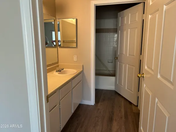 a bathroom with a sink and a mirror