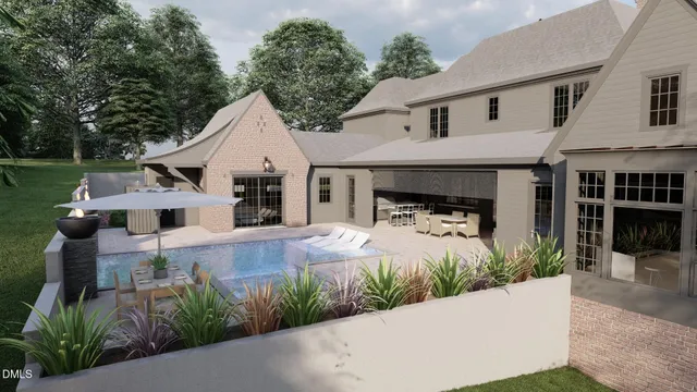 a view of a living room and bathroom with a large mirror