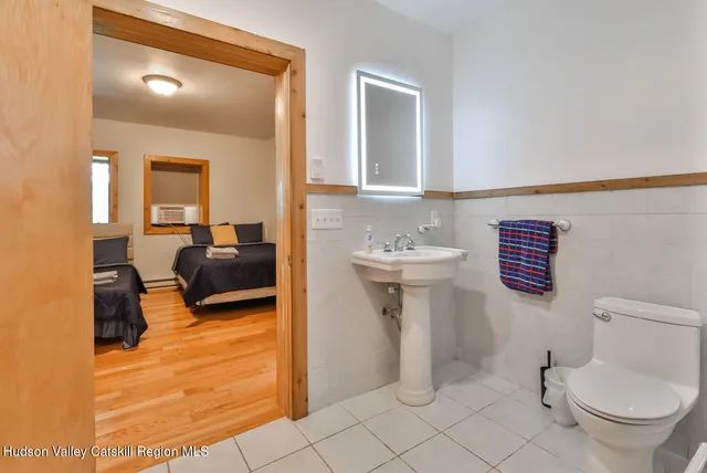 a living room with furniture and a toilet