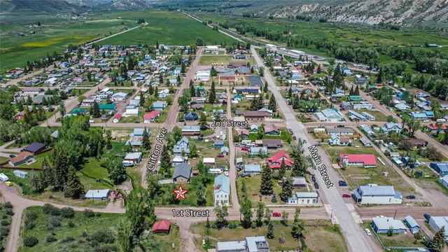 an aerial view of residential houses with outdoor space and trees