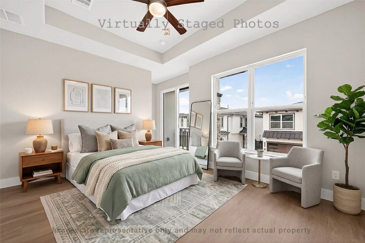 10719 Mason Road, Unit 26 Richmond, TX 77406 - Photo 10 of 50 Virtual Staging - Modern bedroom features a cozy bed with sage green accents, warm wood nightstands, and a relaxing seating area next to a large window