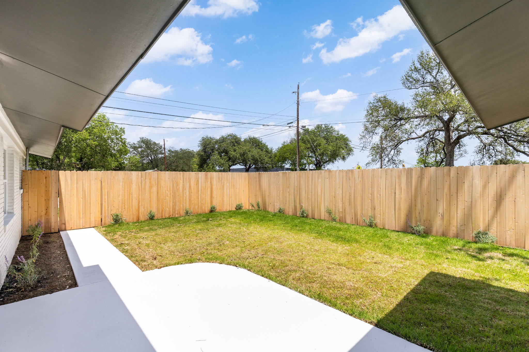 4501 Pack Saddle Pass Austin, TX 78745 - Photo 10 of 37 Backyard featuring a privacy fence, concrete patio, a grass lawn, and newly planted landscaping