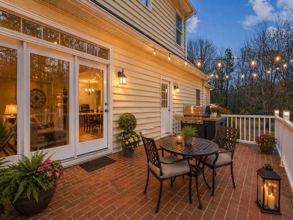 18590 Plank Road Courtland, VA 23837 - Photo 34 of 48 Brick paver patio with a white railing and exterior wall sconces