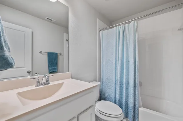 a bathroom with a sink a toilet a mirror and shower curtain