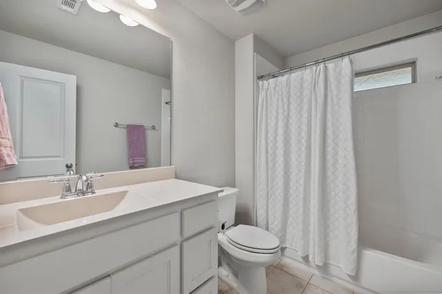 a bathroom with a sink a toilet and shower curtain