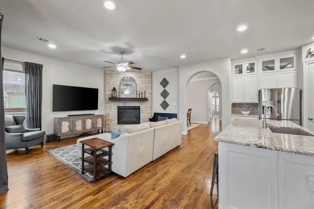 a living room with fireplace furniture and a flat screen tv