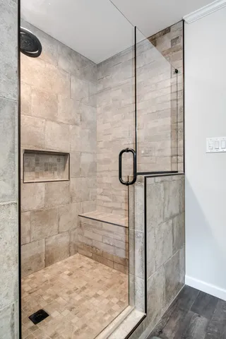 a backyard of a house with large trees