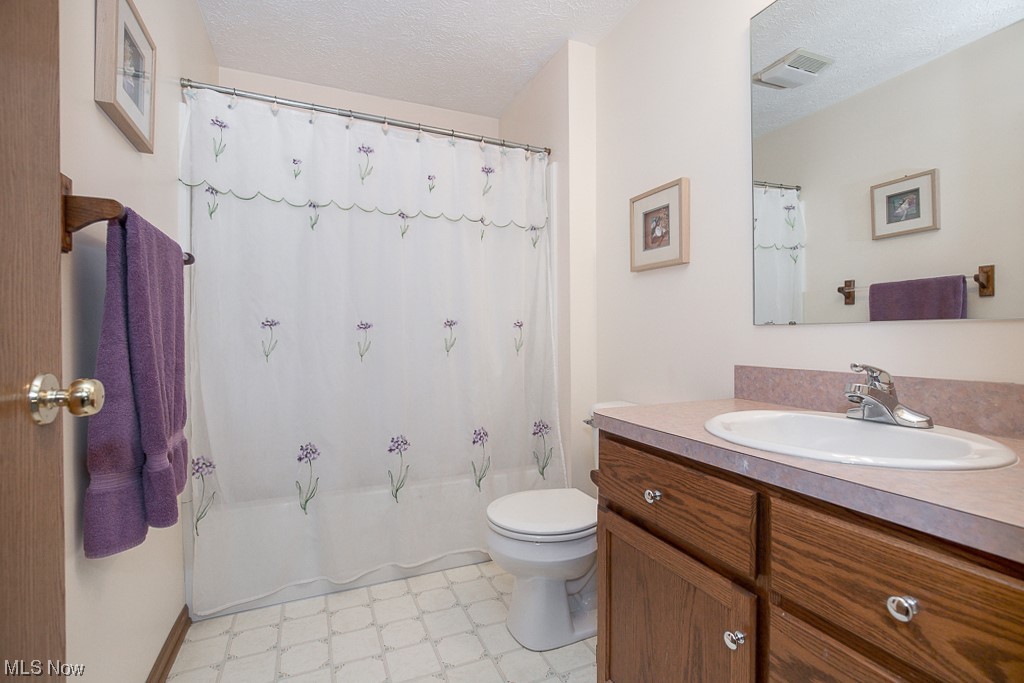 9708 Reed Road Grafton, OH 44044 - Photo 19 of 35 Bathroom featuring a textured ceiling, vanity, toilet, and tile flooring