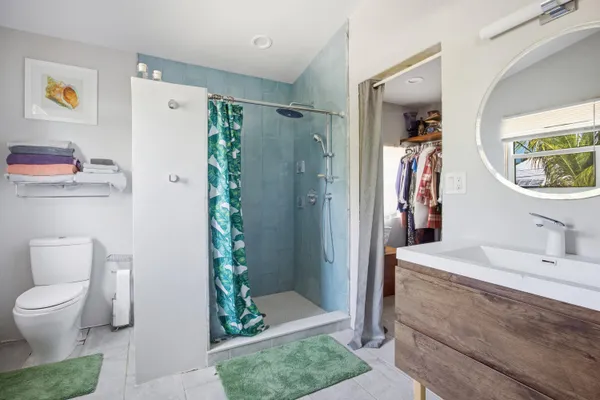 a bathroom with a sink a toilet and a shower