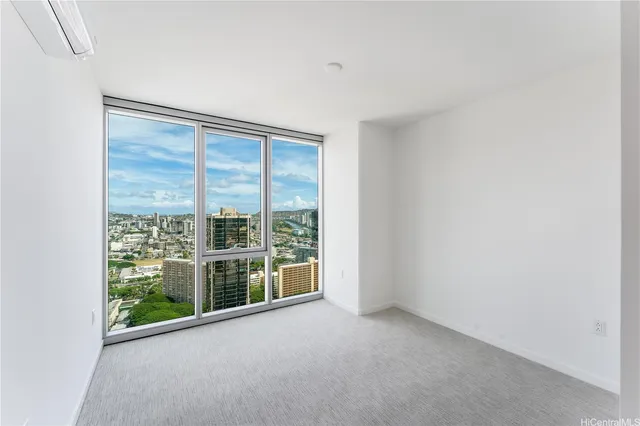 a view of a room with a large window