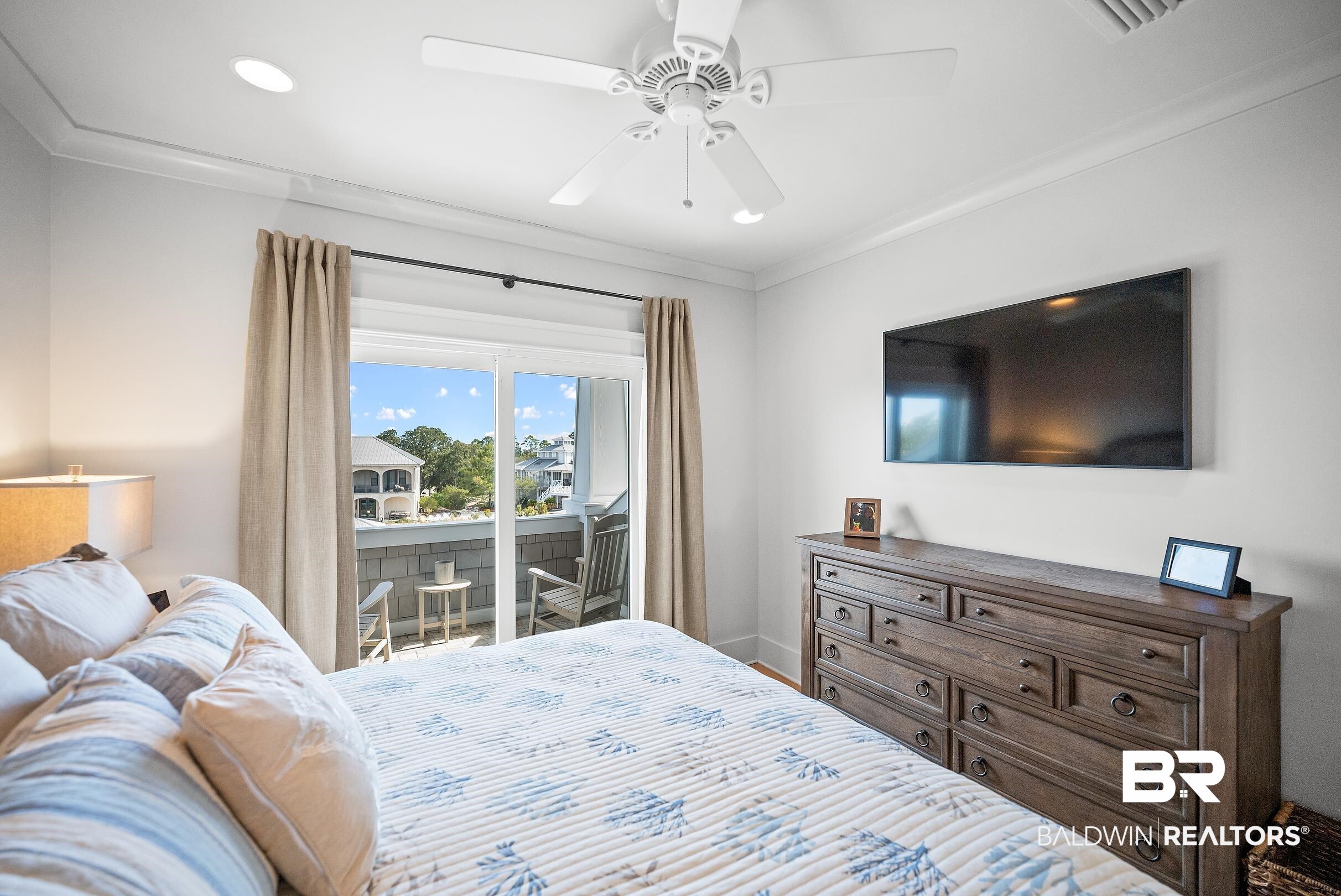 33186 Marlin Key Drive Orange Beach, AL 36561 - Photo 71 of 87 Bedroom with access to outside, ornamental molding, a ceiling fan, and recessed lighting