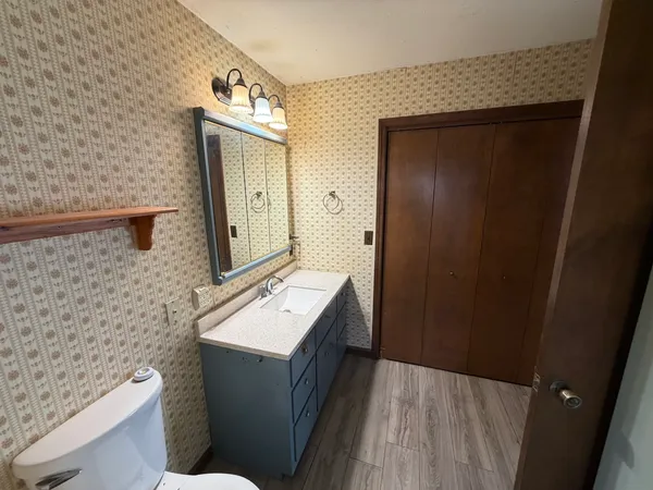 a bathroom with a toilet a sink and mirror