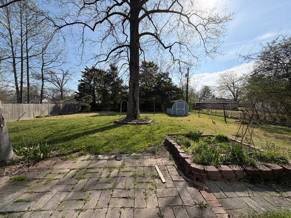 a view of a backyard with large trees