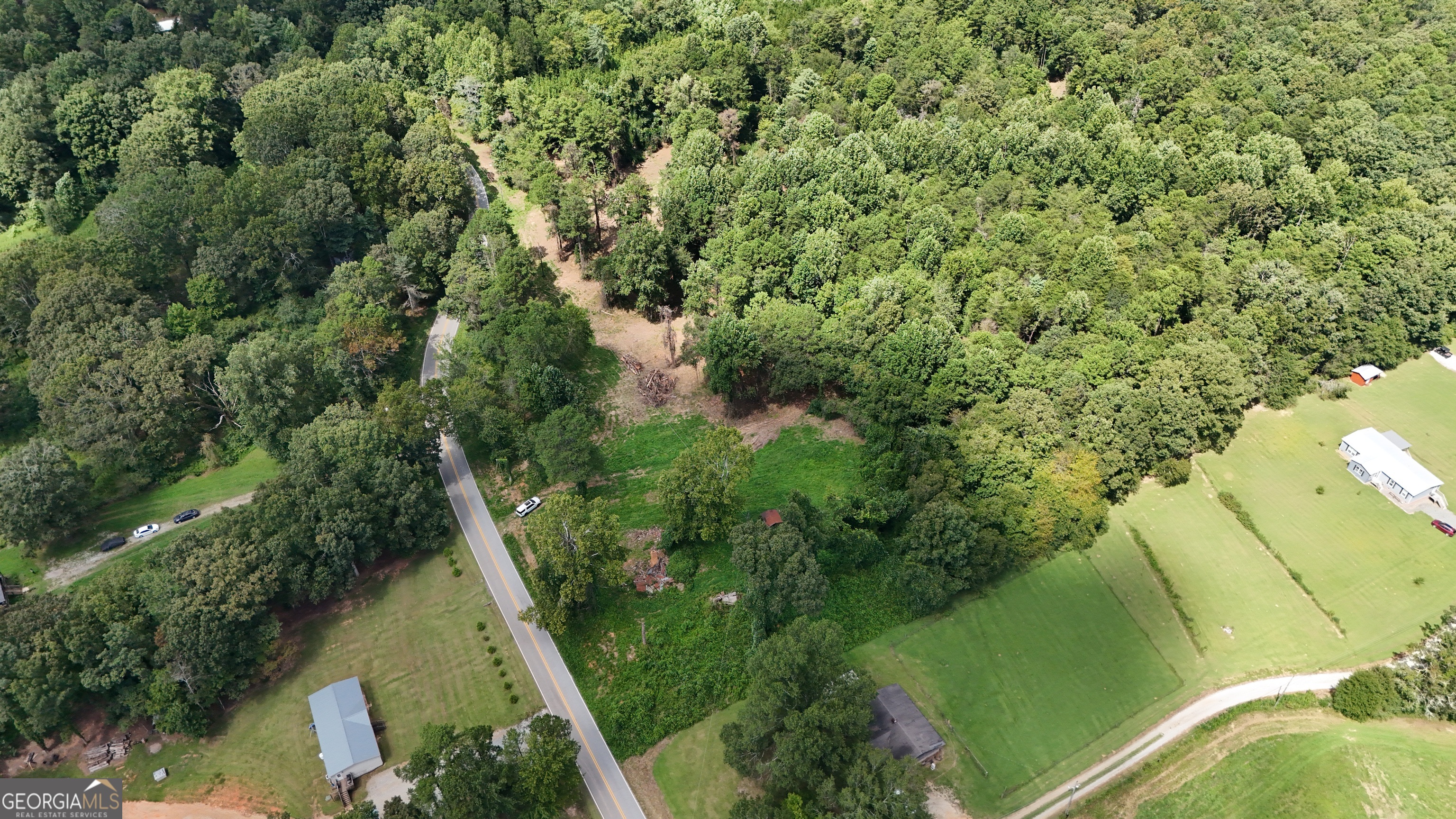 an aerial view of a residential houses with outdoor space and trees