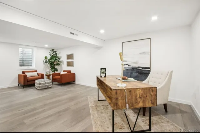 a living room with furniture and a potted plant