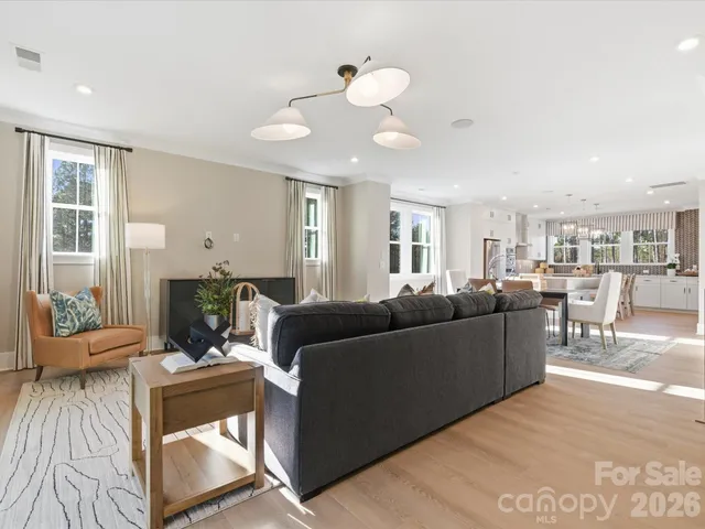 a living room with furniture potted plant and a chandelier