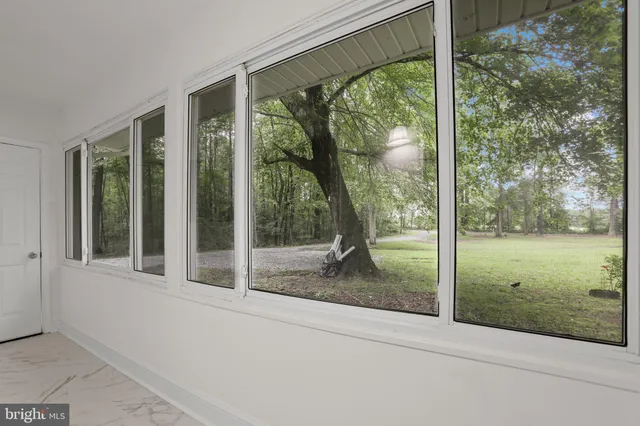 a view of a glass door and a yard from a window