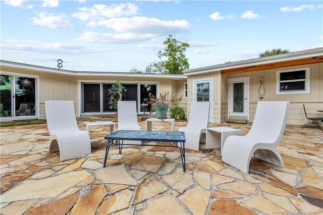 a view of a yard with plants and trees