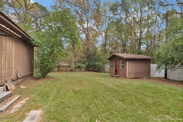 a view of a backyard with a large tree
